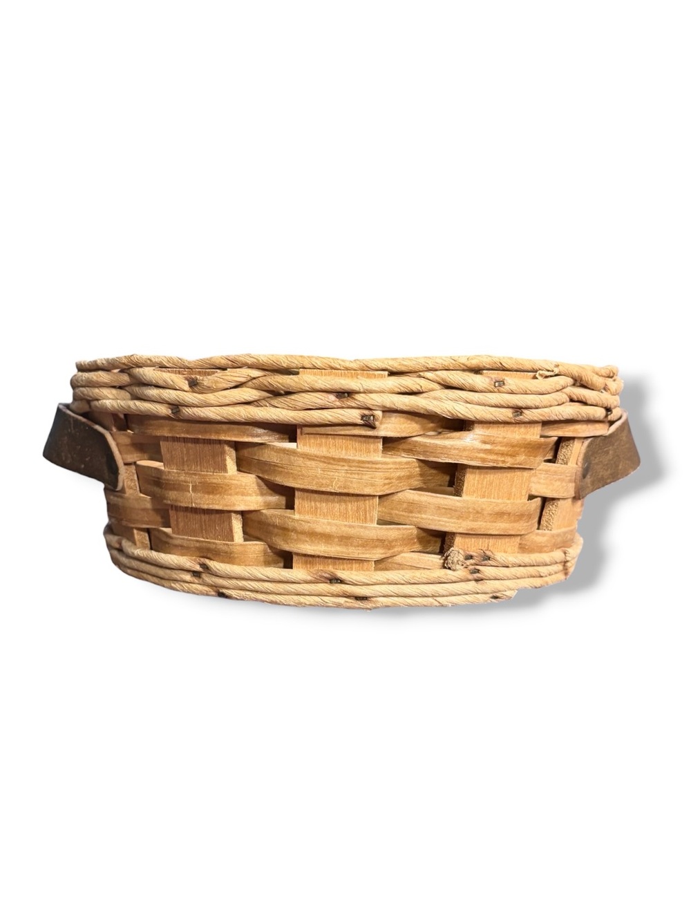 PYREX Wooden Leather Handled Woven Basket Cork Bottom Casserole Carrier VINTAGE